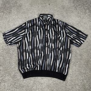 Vintage Alan Stuart Shirt Mens Large Black Gray Abstract Banded Knit Polo 90s